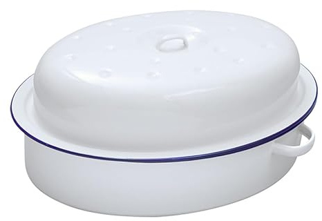 Bargain Crown 26cm White Enamel Oval Roaster Dish with Lid – Heavy-Duty Roasting, Casserole & Baking Pan – Vintage Style with Blue Rim – Self-Basting, Oven to Table Serving