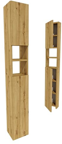 möbelkap Badezimmerschrank Eiche Artisan 24×31×172 cm – Badschrank Hochschrank schmal, modernes Badmöbel mit Türen & offenen Fächern, viel Stauraum für Handtücher und Kosmetik