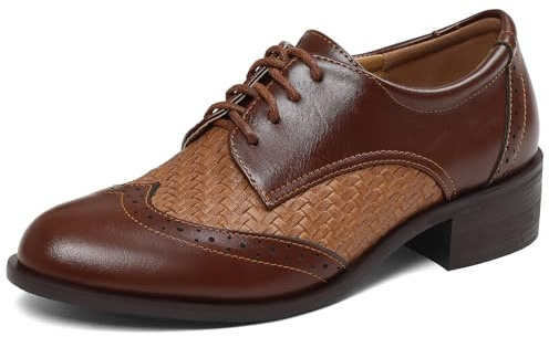 Oxford Shoes for Women Lace Up Pointed Toe Wingtip Brogue Shoes Low Heel Formal Dressy Casual Slip On Shoes for Women Brown
