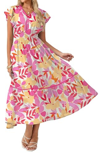 GRACE KARIN Women Summer A-line Maxi Dress Ladies Casual Floral V Neck Ruffle Sleeves Boho Holiday Dresses