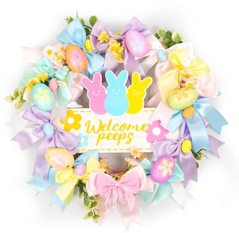 18 Inch Easter Wreath Floral Bunny Egg Wreath with Welcome Sign for Front Door Home Decor Easter Decorations Indoor Outdoor