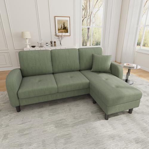 Sofá esquinero en Forma de L con Chaise Longue, Tres plazas, 166 x 118 x 77 cm, Tejido de Pana Transpirable, Patas de plástico, diseño Modular, Ideal para el salón (Verde).