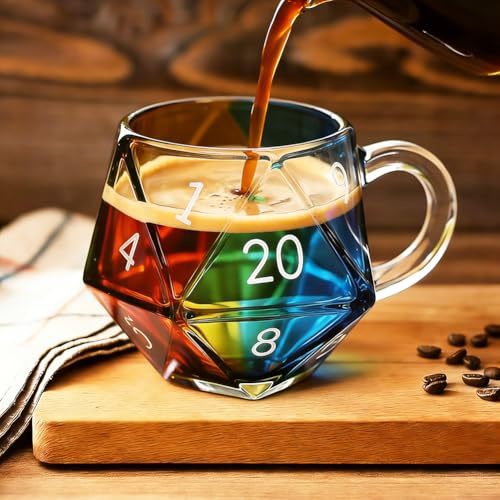 Umllpet polyedrisk tärning kaffekopp, regnbågsglas D20 tärningskopp med handtag, roliga muggar present för män pappa, polyedrisk tärning kopp för RPG- och fantasyfans spelkväll