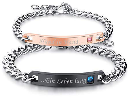 Flongo Paar Armbänder EIN Paar Edelstahl-Armbänder mit Zirkonia Textgravur Liebesschwüre Rose Gold + schwarz Partnerarmbänder Love-Schmuck Geschenke für Valentinstag Geburtstage Jahrestage