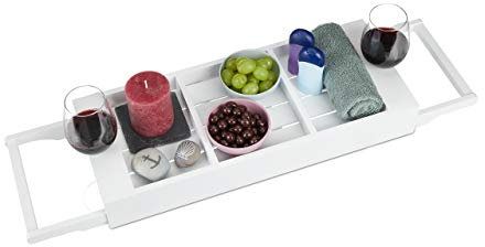 Relaxdays Badewannenablage, ausziehbar, Badewannenbrett aus Bambus, Ablage für Seife, Schwamm, Handy, Weinhalter, weiß