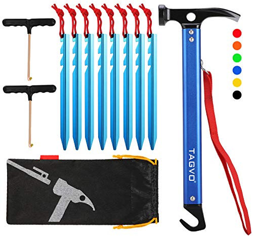 TAGVO Multifunktions Camping Hammer mit 8 PCS Zelt Heringe und 2 PCS Multifunktions Zeltstangen-Abzieher Set,Outdoor High Carbon Stahl Camping Zelt Hammer Aluminium Heringe erdnägel Set