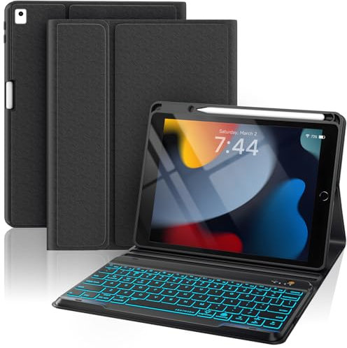 OYEEICE Hülle mit Tastatur für iPad 9/8/ 7 Generation 10,2 Zoll, Vergrößerte Anti-Falloff Tastenkappen Tastatur für iPad Air 3 Generation/Pro 10,5 (Schwarz, Klassischer Stil)