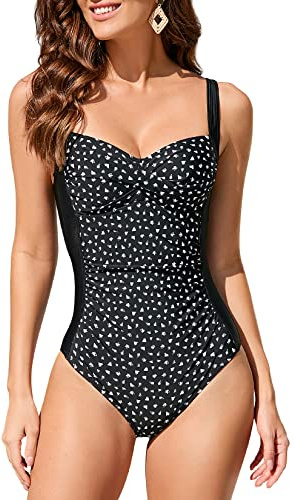 WIN.MAX Une pièce Maillot de Bain contrôle du Ventre Maillot de Bain rembourré froncé, Grande Taille pour Femmes Vintage Push Up Monokinis, pour Cupule C à DD
