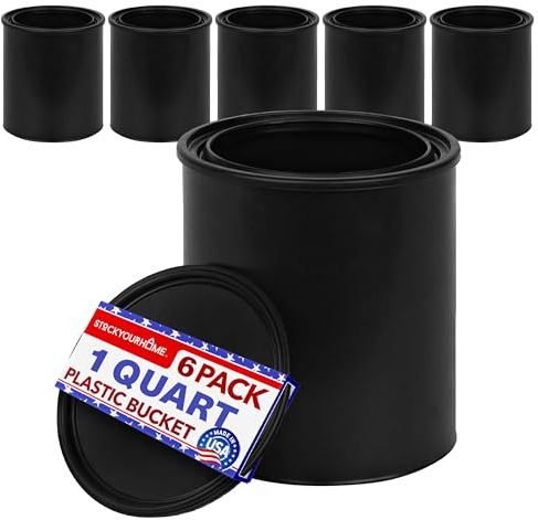1-Quart Plastic Paint Bucket (6 Pack) - Triple Lock Airtight Seal - Minimizes Skimming - Rust Proof - Odor & Chemical Resistant - 32 Fl Oz All-Plastic Paint Can with Snap On Lid - Stock Your Home