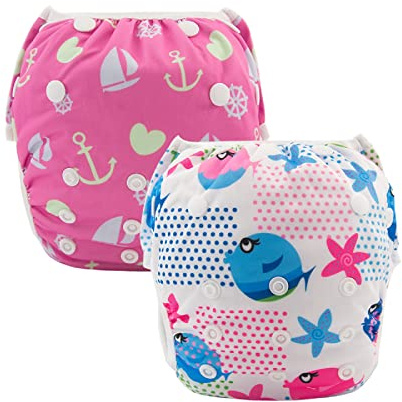 ALVABABY Swim Diapers 2pcs Reusable Baby Swim Diaper 9 Months-3T Adjustable Snap Washable Toddler Swimming Diaper for Pool Beach & Swim Lessons â Waterproof PUL Leak-Proof UPF 30+ Large Size