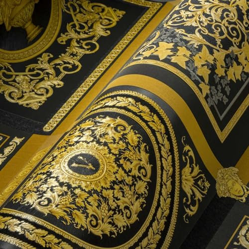 VERSACE WALLPAPER Barock Luxus Tapete Floral 387043 Schwarz Gold Designer Logo Medusa 10,05x0,70m Made in Germany