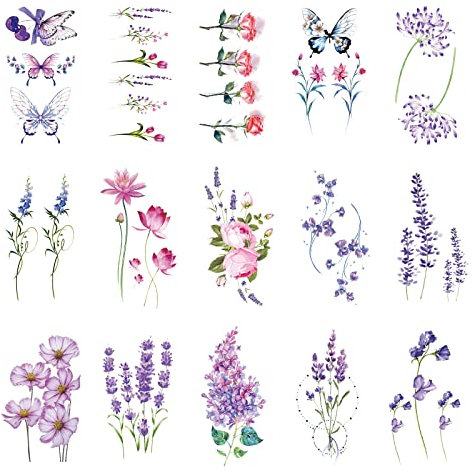 VIKSAUN 15 fogli Tatuaggi Temporanei, Tatuaggi Finti Colorati, Tatuaggi Adesivi, Creatività Dell'acquerello,Tatuaggi Impermeabili Serie di Fiori, Piccoli Tatuaggi Sexy, per Ragazze, Adulti (15 fogli)