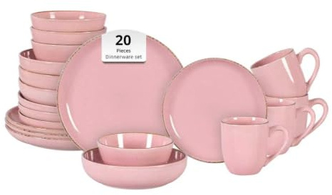 Juego de vajilla HomeVss de 20 piezas - Para 4 personas, platos y cuencos rosa brillante con efecto moteado | Apto para microondas y lavavajillas