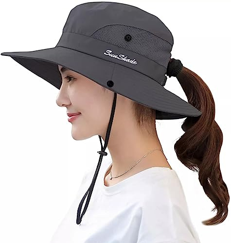 KorhLeoh Cappello da sole da donna con protezione UV pieghevole a rete larga tesa da spiaggia con foro per coda di cavallo