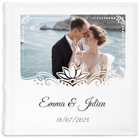 Maverton Album Photo pochette, Album Photo mariage à personnaliser en cuir blanc, Cadeau personnalisé pour chaque couple, Cadeau Photo Personnalisé - Livre photo imprimé pour les époux - jeunes mariés