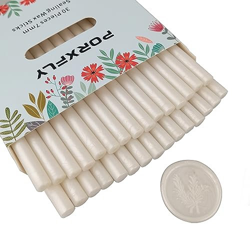 30 Stück 7mm Siegel Wachs Sticks für Klebepistole, PORXFLY Mini-Siegelwachsstäbe, ideal für Karten, Umschläge, Hochzeitseinladungen, Geschenkverpackungen, Weinpakete (Perlweiß)