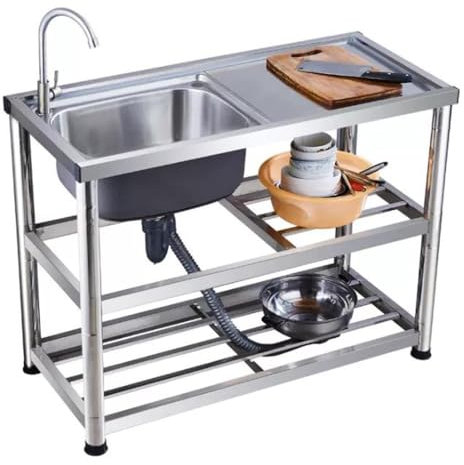 COKYIS Évier Inox Autoportant Évier Utilitaire 1 Bac Evier De Cuisine Sur Pied Pour Buanderie, Professionnel Extérieur Évier De Jardin Con Table De Travail