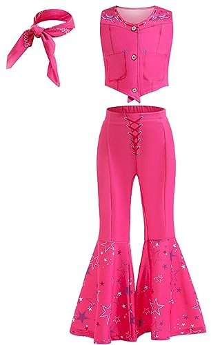 LiUiMiY Déguisement Ensemble Cowgirl Rose Fille Style Années 70s 80s Disco pour Halloween Carnaval Anniversaire, Rouge, 8-9 Ans (Étiqueter 150)