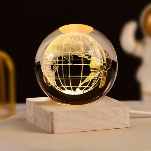 VOSSOT 3D Planet kristallkugel nachtlicht, USB 6cm Saturn Kristallkugel Lampe, Nachtlicht Glas Planeten Lampe mit LED Bunte Nachtlicht Basis für Schreibtisch Dekoration Urlaubsgeschenke (die Erde)