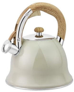 Justup Bollitore a fischio, bollitore da 3 l, con manico effetto legno, bollitore a induzione in acciaio inox, per fornelli a induzione, fornello a gas e fornello elettrico (beige)
