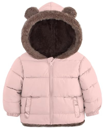 Kids4ever Chaqueta de invierno para niñas, cálida chaqueta con capucha y orejas de oso, para niñas de 1 a 2 años, con cremallera y bolsillos, color rosa