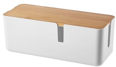 Kabelbox mit Bambusdeckel Kabel Organizer Box Kabel Aufbewahrungsbox für Verstecken von Kabeln Organisieren lose Drähte(Weiß)