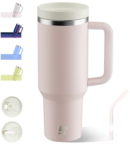Riley Joy 1200ml Trinkflasche mit Strohhalm & Anti-Rutsch Griff, Auslaufsicherer Thermobecher BPA Frei Doppelwandige Isolierung für Auto, Büro, Outdoor (Pastellrosa)