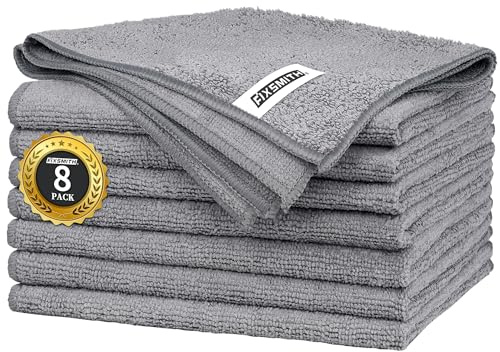 FIXSMITH Grey Microfibre Cleaning Cloth -Pack of 8, Highly Absorbent Cleaning Rags, 12X16 All Purpose Cleaning Towels for Housekeeping, Kitchen, Car, Lint Free and Reusable Microfiber Towels