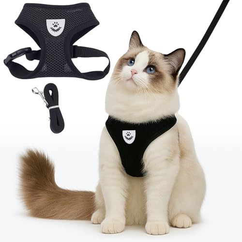 wilcractk Katzengeschirr Ausbruchsicher mit Leine für Katzen, Reflektierend & Verstellbar Katzengeschirr mit Leine für Outdoor, Schwarz Größe S (Hals 22cm nicht verstellbar, Brust 34-42cm verstellbar)