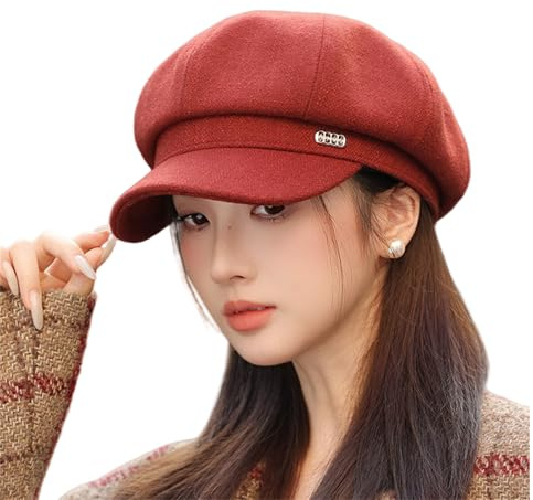 HIQIU Gorro de globo para mujer, gorro de invierno cálido, para mujer, boina octogonal, sombrero de pintor, para otoño e invierno, rojo, Talla única