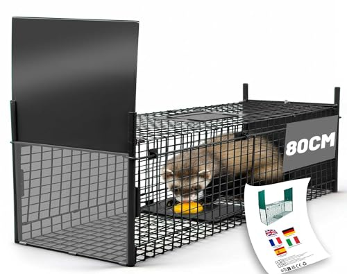 Trampa Viva 80x34x29cm Jaula Trampa para Conejos Gatos Ardillas Grandes Ratas Trampas Animales Vivos con 2 Puerta, Negro