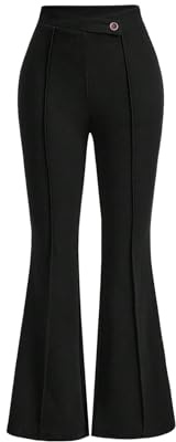 SOLY HUX Pantalon élégant pour femme - Pantalon évasé - Pantalon de loisirs - Taille haute - Pantalon d'automne - Couleur unie - Pantalon de bureau slim avec bouton à l'avant - Pantalon décontracté