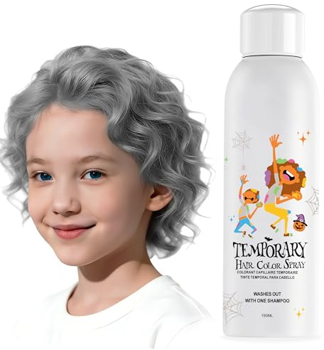 Spray de coloration temporaire gris pour enfants, couleur gris argenté, alternative instantanée de coloration capillaire pour enfants, filles, adolescents, hommes, femmes, style rapide, pour fêtes