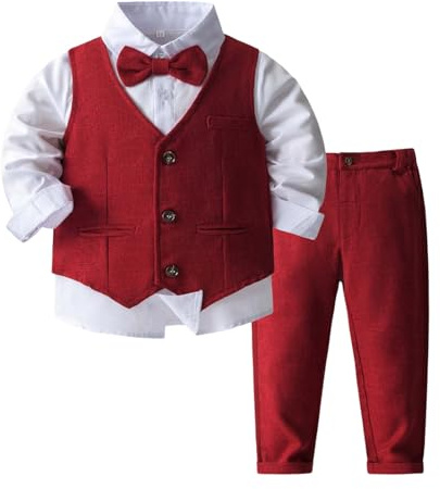 Ropa para bebé y niño, trajes de esmoquin, ropa formal, camisa, chaleco y pantalones, conjuntos de traje de bebé, rojo, 5-7 años