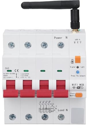 BAFOVY Smart Circuit Breaker 4P 63A WiFi Effektbrytare med Mätning APP Fjärrkontroll Rösttimer Läckageskydd för Hemverkstad DIN-skena Effektövervakning (AC400V)