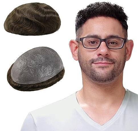 Lordhair Toupee for Men with 100% European human hair 8x10 inch Hairpiece for Men 0.03mm Ultra Thin Skin Hairsystem All V-looped Mens Toupee (Medium Brown #5)