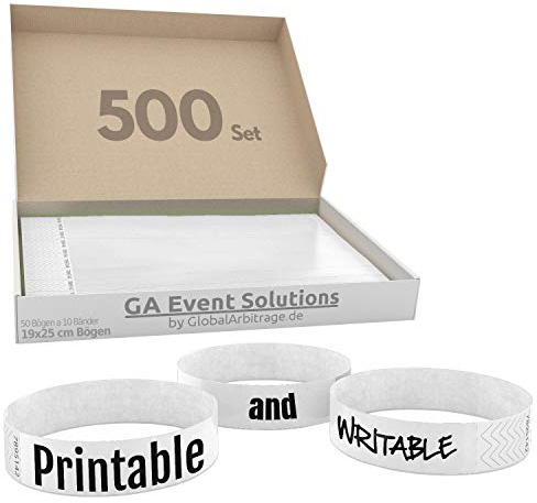 500 Eintrittsbänder aus Tyvek zum selbst gestalten und bedrucken in Weiß von GA Event Solutions - Party Einlassbänder, Festival Armbänder für dein Event