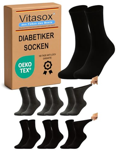 Vitasox Calzini per diabetici, da uomo, per diabetici, non irritano le vene, senza elastico in vita, calzini sani contro tagli e schiacciamenti, 6 x nero antracite, 50-52