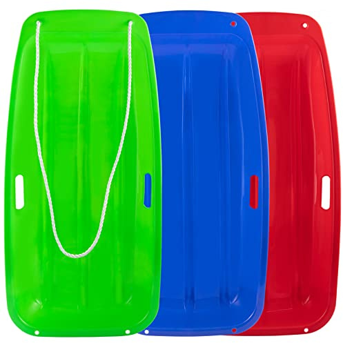 3Pack Plastic Snow Sled for Kids & Adults 35 x 17 - Flexible Toboggan Sleds with Pull Rope & Two Handles for up to 2 Sledders Winter Snow Sledding Downhill Outdoor, S