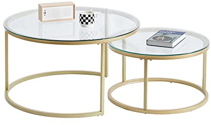 GrandCA HOME Juego de 2 Mesas Nido Mesas de Centro para salón, Mesas Auxiliares 80x80x45 cm (Grande) y 60x60x35 cm (pequeña), Vidrio y Oro