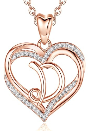 INFUSEU Corazón Inicial D Collar, Mujeres de Las Niñas Rosa De Oro Colgante de la Letra Collares de Joyería de Circonio Cúbico Damas Regalos Románticos Para La Pareja, 20 Pulgadas De La Cadena