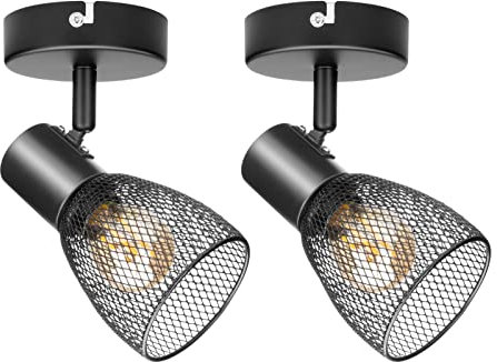 Dehobo Faretti Led Interno, Faretti da Soffitto Orientabili 2 pezzi, Faretti da Muro Nero E14, Lampadario Faretti con Paralumi in Rete Metallica Vintage per Cucina Cameretta Soggiorno (Nessun Bulbo)