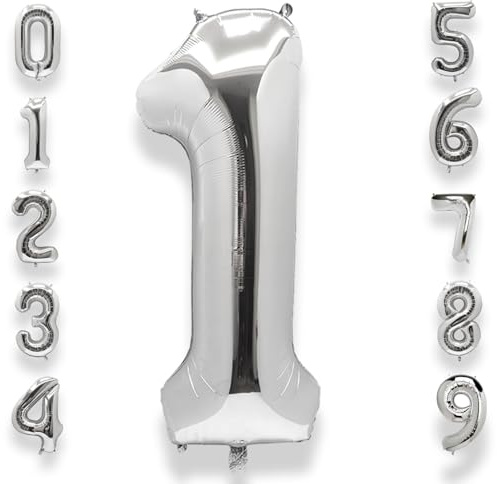Silver Large Number 1 Balloon: 40 Inch Big Foil Number for Kids Boy Girl 1st Birthday Party Baby Shower Anniversary Decorations - Giant Helium Mylar Age 0-9