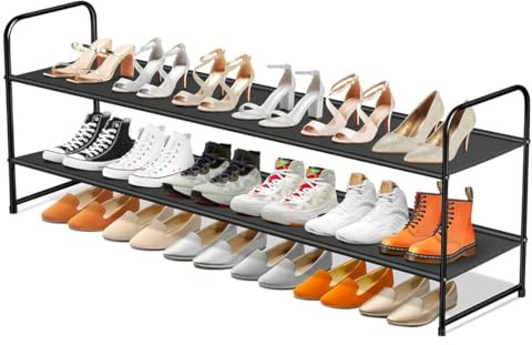 SLEEPING LAMB Long 2-Tier Shoe Organizer for Closet, Stackable Wide Shoe Rack Holds 18-Pairs Low Shoe Shelf Storage for Bedroom, Floor, Entryway(Black)