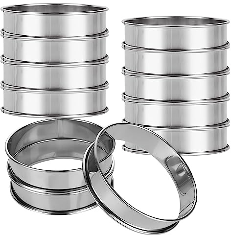 VIDETOL 12 Pcs Crumpet Rings, Non Stick Baking Ring Cooking Rings, 10cm Stainless Steel Double Rolled Tart Ring for Baking Cookie, Pancake, Egg and Muffin