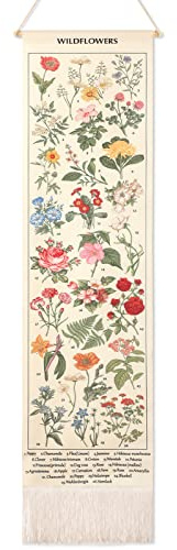 Geetery Vintage Floral Vertical Tapestry Wall Hanging Decor Long Flower Narrow Botanical Fabric Wall Art Hanging Reference Illustrative Tassel Tapestry for Bedroom Living Room Home Decor Gift(White)