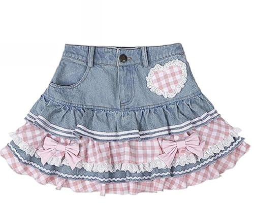 Preppy Lolita Kawaii Faldas Dulce Mini Mujer Lindo Vestido de Baile Falda de Mezclilla Y2K Cintura Alta Falda de Pastel de Encaje, Azul, Large