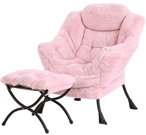 SESHINELL Armchair with Ottoman, Comfy Upholstered Lounge Reading Chair with Side Pocket and Armrests, Modern Bedroom Lazy Chair and Footstool Set for Living Room, Plush Pink