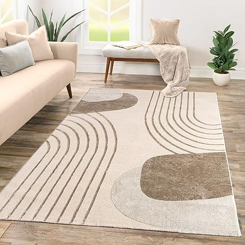 TT Home Wohnzimmer Teppich Kurzflor Geometrisches Design Abstrakte Optik, Farbe:Beige Creme, Größe:200x290 cm