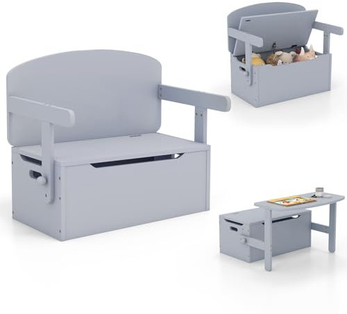 COSTWAY Wooden Toy Box, 3-in-1 Convertible Kids Bench/Desk Chair Set/Storage Chest with Lid, Multifunctional Children's Organizer Cabinet for Playroom Bedroom (Gray)